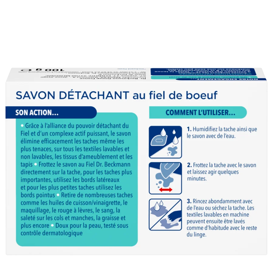 Savon Détachant au fiel de boeuf – Boîte rectangulaire de savon blanc avec texte bleu et turquoise et icônes d'instructions.