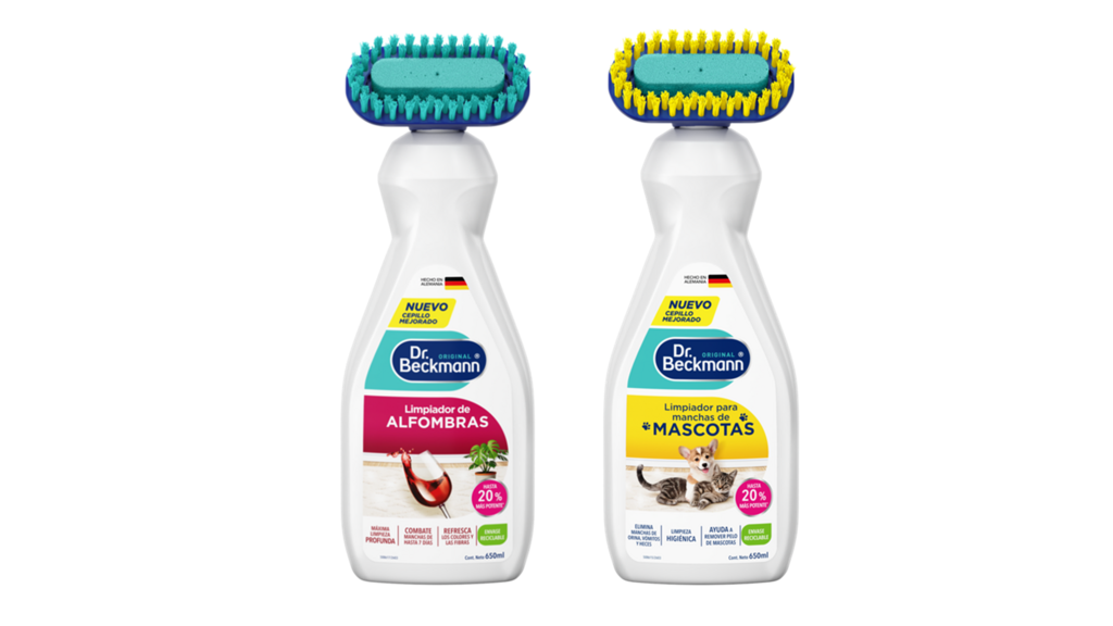 Two Dr.&nbsp;Beckmann cleaning products with brush heads: alfombras (carpet cleaner) and mascotas (pet stain remover), 650ml bottles.