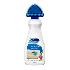 Upholstery Stain Remover – White plastic bottle with blue cap and textured brush head attachment on top.