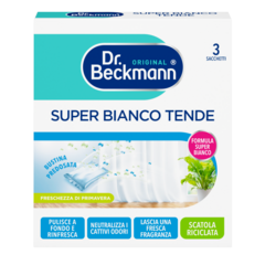 Super Bianco Tende – Scatola bianca con dettagli turchesi e blu contenente tre bustine pre-dosate di detersivo.-small