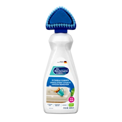 布艺家居去污及除味剂 Upholstery Stain & Odour Remover – 白色塑料瓶配蓝色刷头和蓝色标签,标签上有家用产品图案。