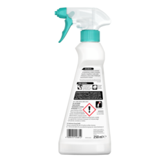 Smacchiatore Deodorante & Sudore – Flacone spray bianco con grilletto e tappo turchese, 250ml, con etichetta e codice a barre.