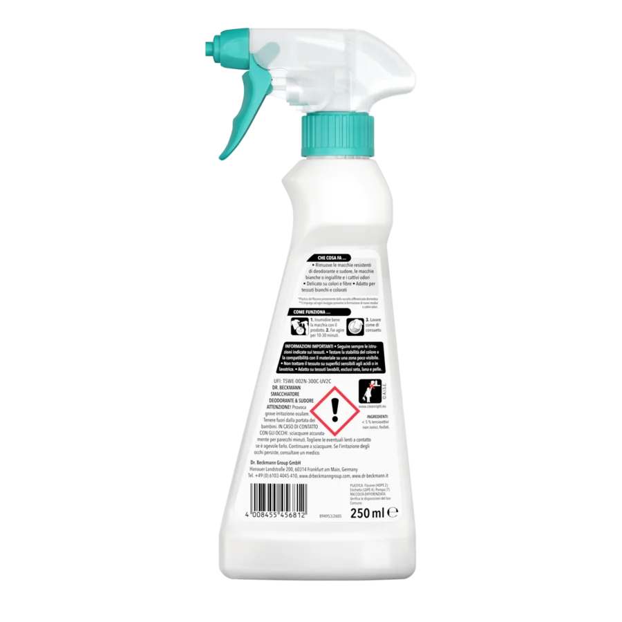 Smacchiatore Deodorante & Sudore – Flacone spray bianco con grilletto e tappo turchese, 250ml, con etichetta e codice a barre.