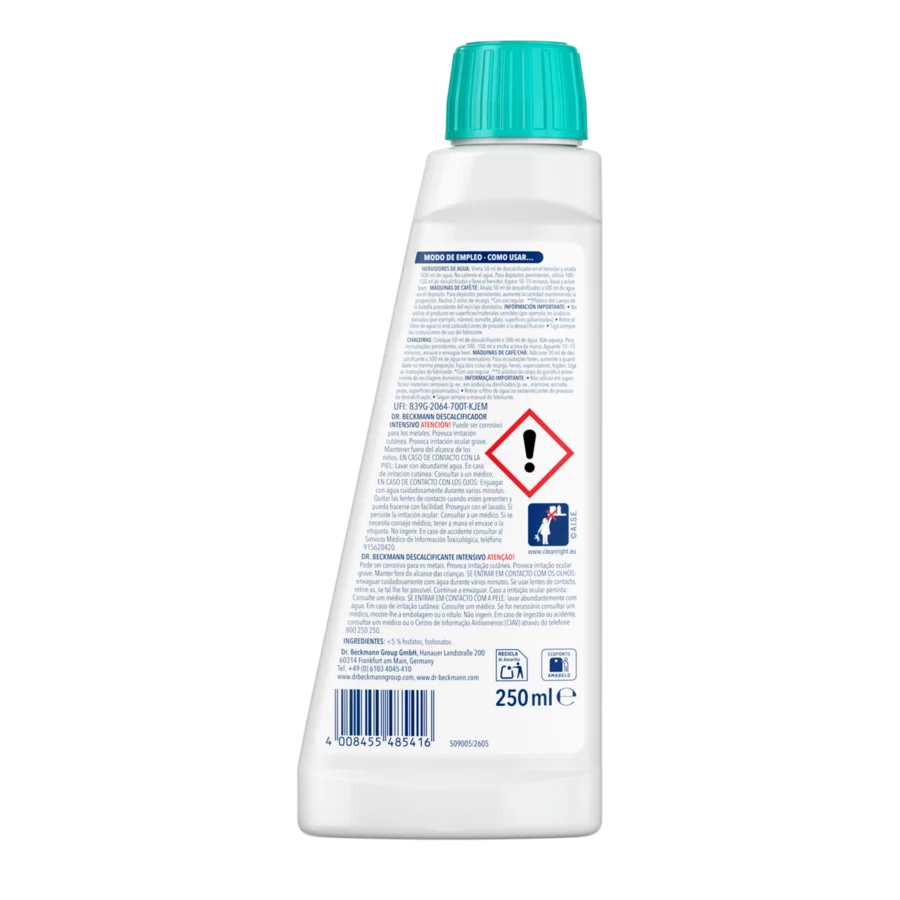 Descalcificante Intensivo – Frasco plástico branco com tampa azul-turquesa de 250ml, contendo texto e símbolo de aviso de perigo no rótulo.