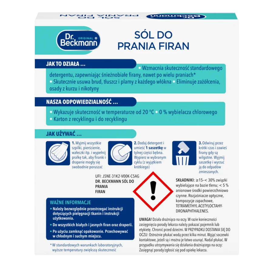 Sól do prania firan - 3 prania – Białe i turkusowe pudełko kartonowe z ciemnym niebieskim tekstem i ikonami instrukcji.