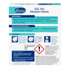Sól do prania firan - 3 prania – Białe i turkusowe pudełko kartonowe z ciemnym niebieskim tekstem i ikonami instrukcji.