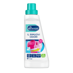 Il Rimuovi Odori – Bottiglia di plastica bianca con tappo turchese ed etichetta con immagini colorate di indumenti e testo.-small