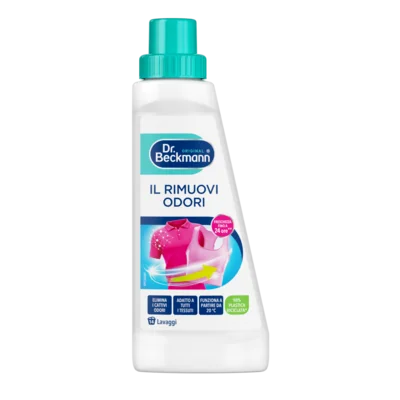 Il Rimuovi Odori – Bottiglia di plastica bianca con tappo turchese ed etichetta con immagini colorate di indumenti e testo.