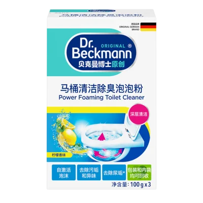 马桶清洁除臭泡泡粉 Power Foaming Toilet Cleaner – 白色粉末产品盒,配有青绿色和蓝色设计,展示马桶碗、泡沫清洁剂和柠檬图像。