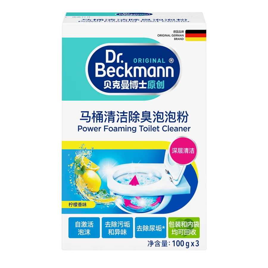 马桶清洁除臭泡泡粉 Power Foaming Toilet Cleaner – 白色粉末产品盒,配有青绿色和蓝色设计,展示马桶碗、泡沫清洁剂和柠檬图像。