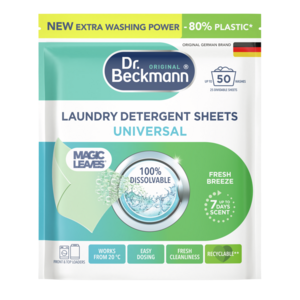 Laundry Detergent Sheets Universal – Laundry detergent sheets in turquoise, white and green pouch with leaf and water droplet design.