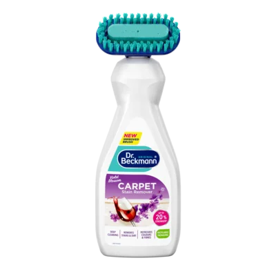 Tæpperens Violet Blossom – Hvid plastikflaske med turkis børstehoved, lilla og blågrønt etiketdesign.