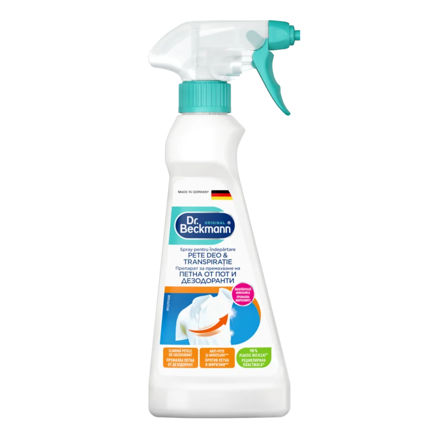 Spray pentru îndepărtare pete deo & transpirație – Sticlă albă cu pulverizator turcoaz și capac, etichetă albastră și portocalie.