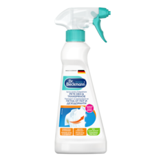 Spray pentru îndepărtare pete deo & transpirație – Sticlă albă cu pulverizator turcoaz și capac, etichetă albastră și portocalie.-small