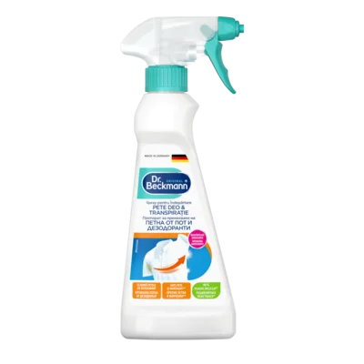 Spray pentru îndepărtare pete deo & transpirație – Sticlă albă cu pulverizator turcoaz și capac, etichetă albastră și portocalie.