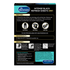 Colour & Fiber Refresh 3in1 – Black rectangular laundry sheets in turquoise and black packaging with instructional diagrams and text.
