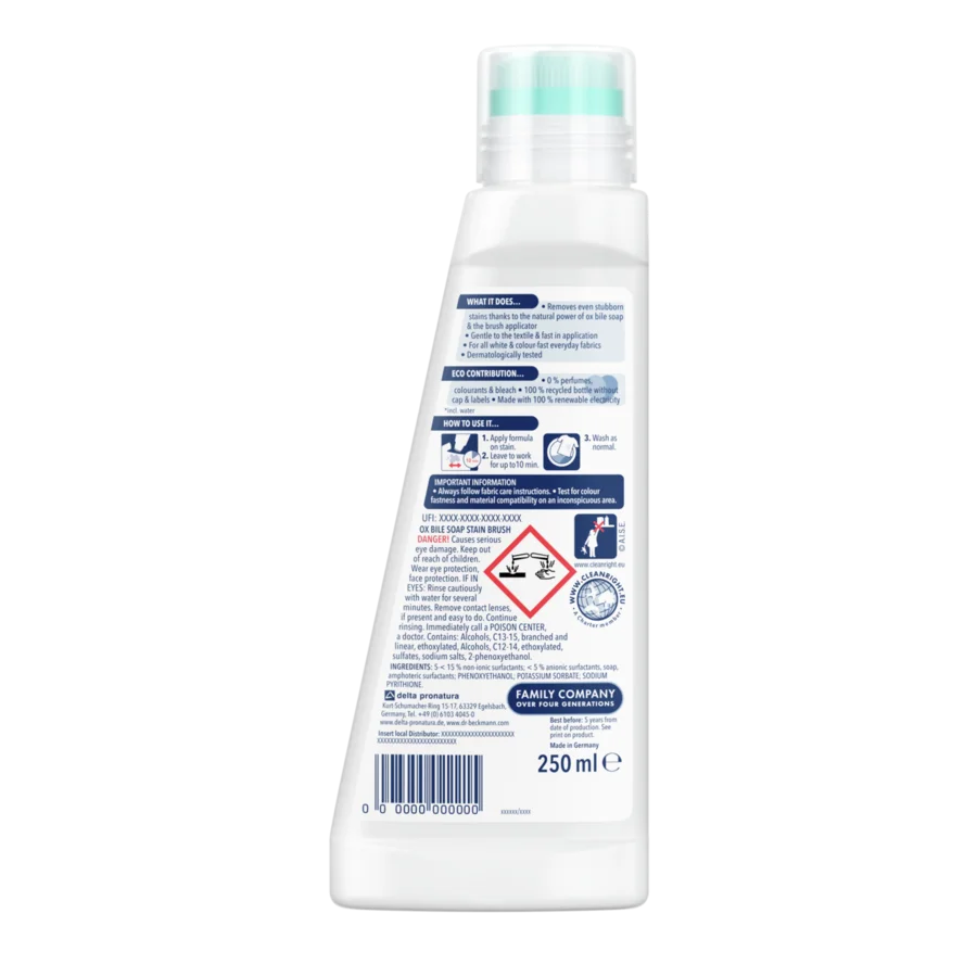 Dung dịch tẩy vết bẩn kèm bàn chải chuyên dụng – Chai nhựa trắng nắp xanh ngọc 250ml với nhãn chi tiết và cảnh báo an toàn.