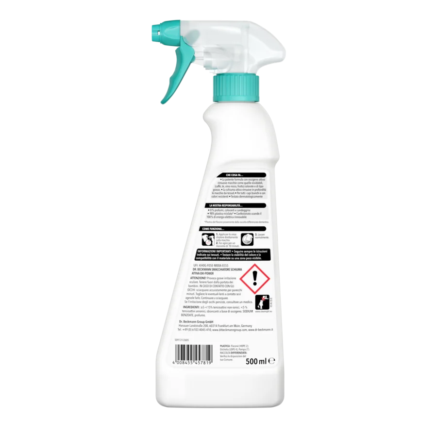 Smacchiatore Schiuma Attiva Oxi-Power – Flacone spray bianco con grilletto e tappo turchese, capacità 500ml, etichetta nera.
