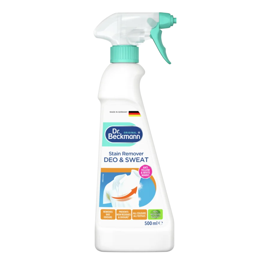 Tẩy vết ố mồ hôi & vệt lăn khử mùi – Chai xịt trắng 500ml với nút và nắp xanh ngọc, nhãn xanh dương và cam.