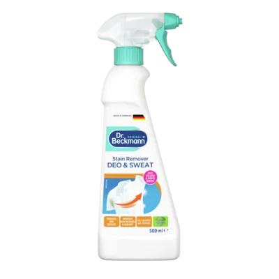 Tẩy vết ố mồ hôi & vệt lăn khử mùi – Chai xịt trắng 500ml với nút và nắp xanh ngọc, nhãn xanh dương và cam.