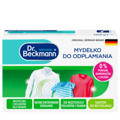 Mydełko do odplamiania – Białe prostokątne pudełko z turkusowymi i zielonymi sekcjami, wyświetlające trzy kolorowe ubrania i okrągłą odznaką.-small