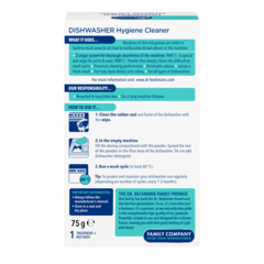 Dishwasher Hygiene Cleaner – White rectangular box with blue and turquoise sections displaying product instructions and information. 75g weight.