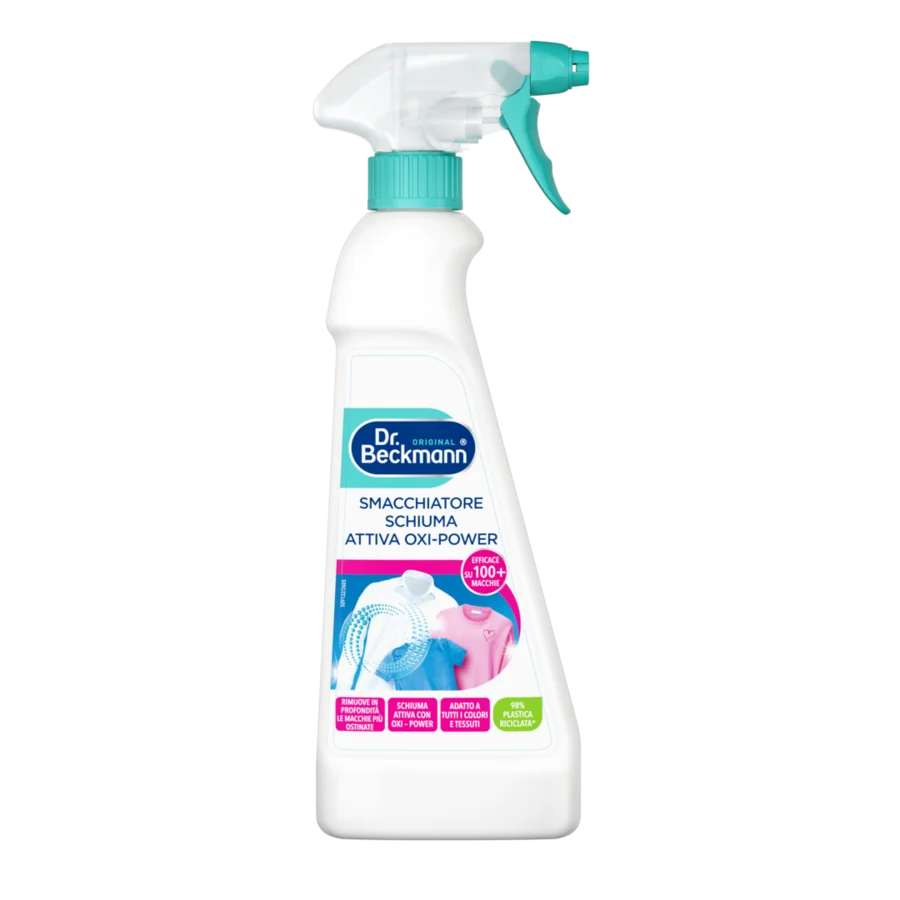 Smacchiatore Schiuma Attiva Oxi-Power – Flacone spray bianco con grilletto e tappo turchese, etichetta blu e rosa.