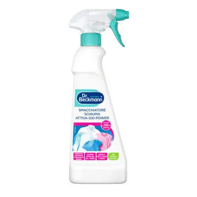 Smacchiatore Schiuma Attiva Oxi-Power – Flacone spray bianco con grilletto e tappo turchese, etichetta blu e rosa.