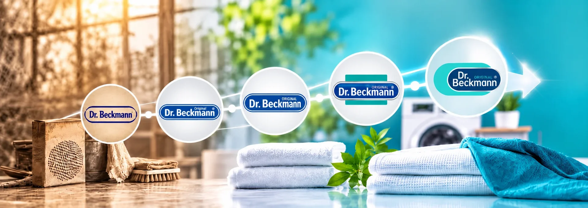 Dr. Beckmann laundry care products displayed with cleaning supplies, towels, and washing machine in bright, sunny setting.