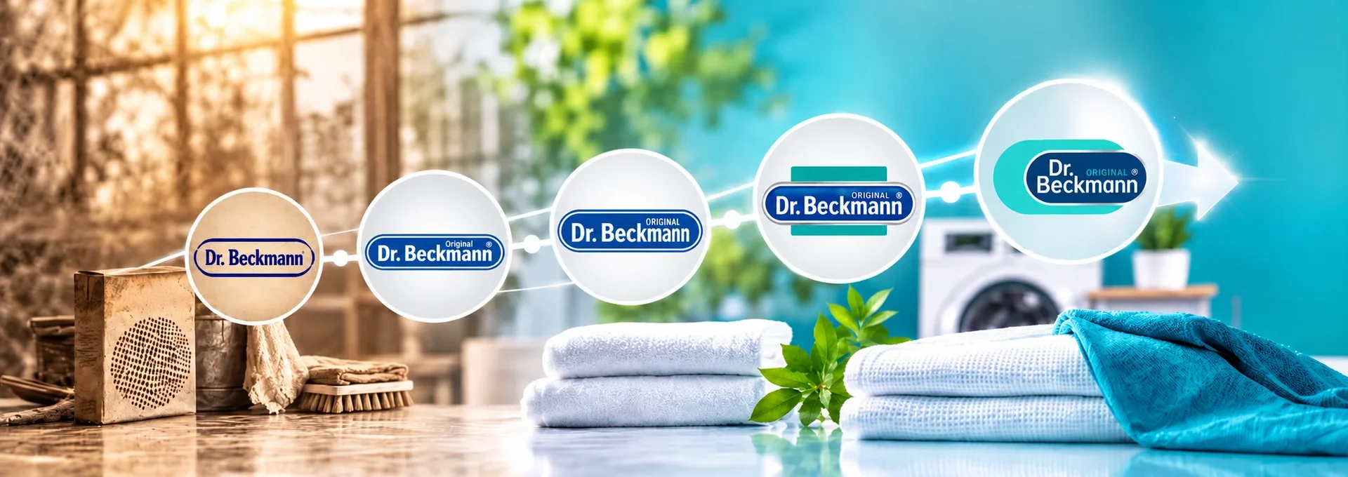 Dr. Beckmann laundry care products displayed with cleaning supplies, towels, and washing machine in bright, sunny setting.