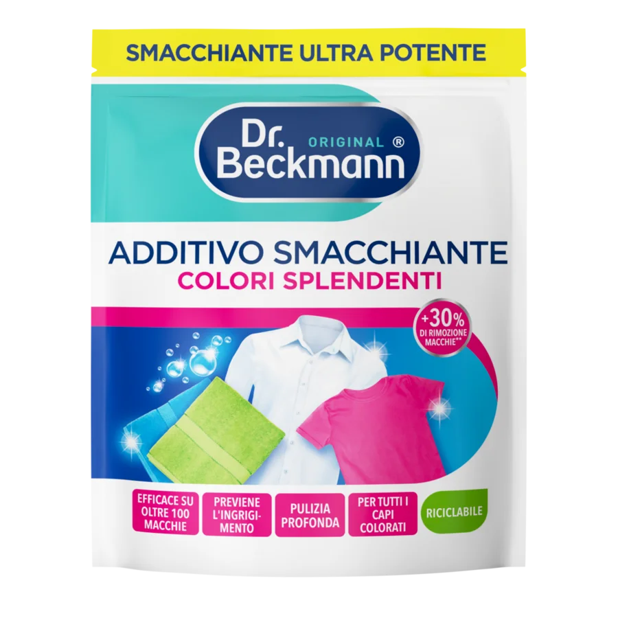 Additivo Smacchiante Colori Splendente – Borsetta bianca con sezioni turchese, blu e rosa con immagini di vestiti colorati e tessuto verde.