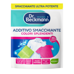 Additivo Smacchiante Colori Splendente – Borsetta bianca con sezioni turchese, blu e rosa con immagini di vestiti colorati e tessuto verde.-small
