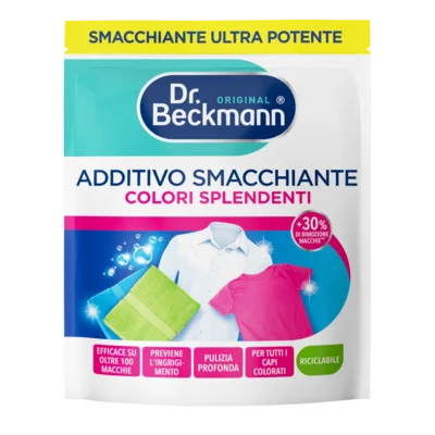 Additivo Smacchiante Colori Splendente – Borsetta bianca con sezioni turchese, blu e rosa con immagini di vestiti colorati e tessuto verde.