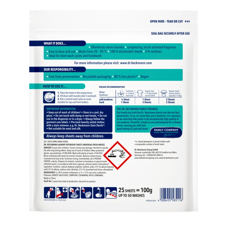 Laundry Detergent Sheets Universal – White resealable pouch with teal and navy blue label sections containing instructional text and usage information.