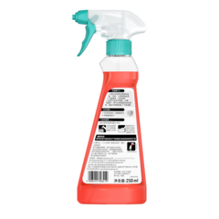 高级不锈钢清洁养护剂 Stainless Steel Gloss Cleaner – 红色液体喷瓶，青绿色触发器和盖子，250毫升容量，白色标签上有中文文字和条形码。