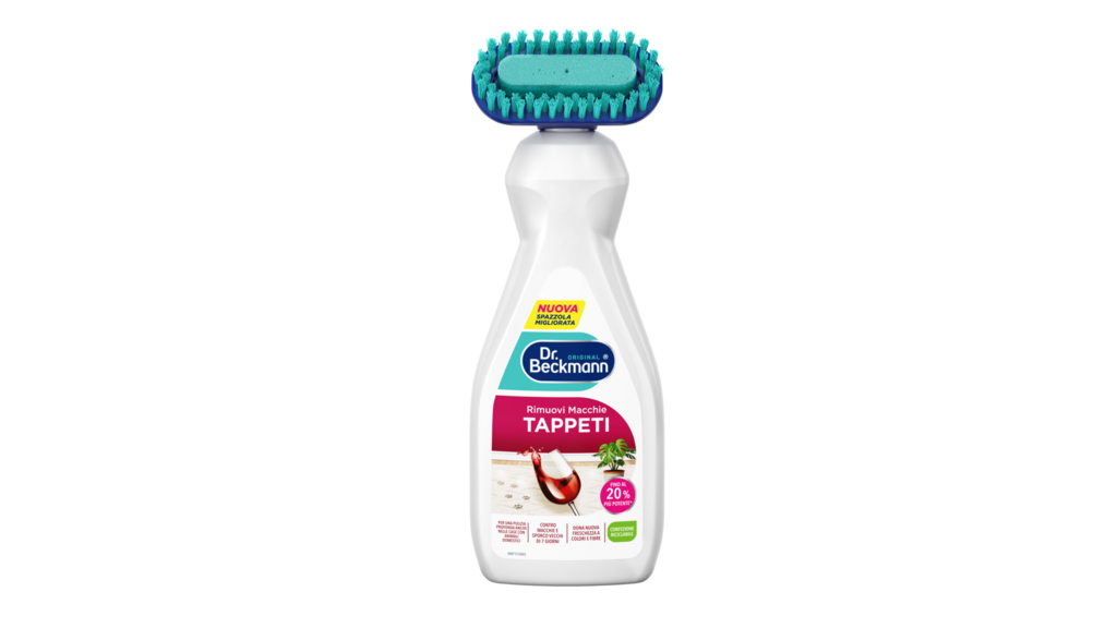 Flacone di Dr.&nbsp;Beckmann Rimuovi Macchie Tappeti con spazzola integrata in turchese, per la pulizia dei tappeti.