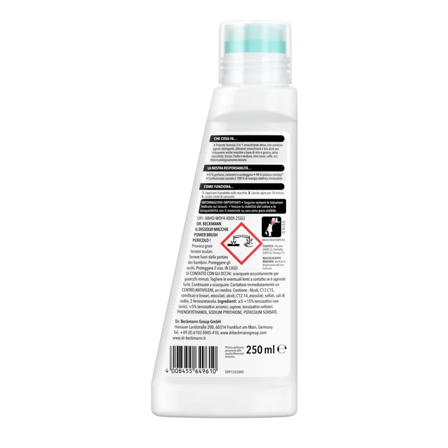 Il Dissolvi Macchie Power Brush – Bottiglia in plastica bianca con tappo turchese, capacità 250ml, etichette in nero e simboli di avvertenza.
