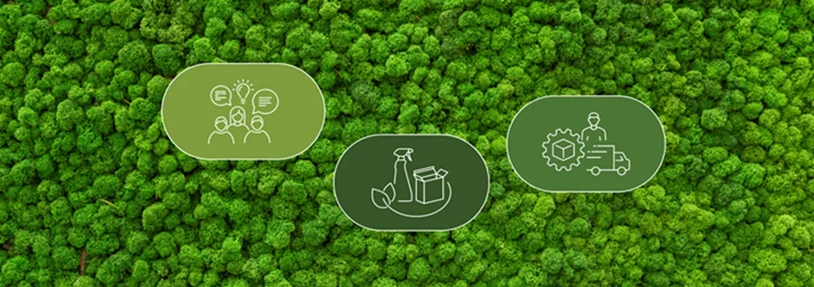 Three sustainability icons on green moss background representing innovation, eco-friendly practices, and manufacturing.