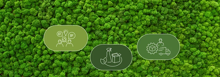 Three sustainability icons on green moss background representing innovation, eco-friendly practices, and manufacturing.