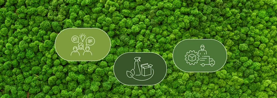 Three sustainability icons on green moss background representing innovation, eco-friendly practices, and manufacturing.