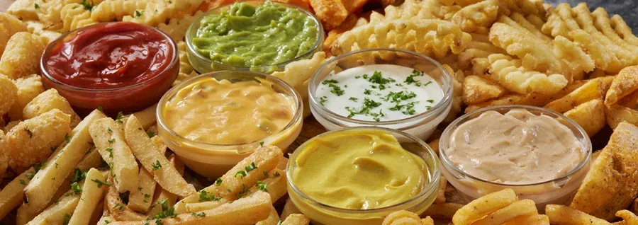 Assorted fried foods with dipping sauces including fries, onion rings, and waffle fries arranged on a wooden board.