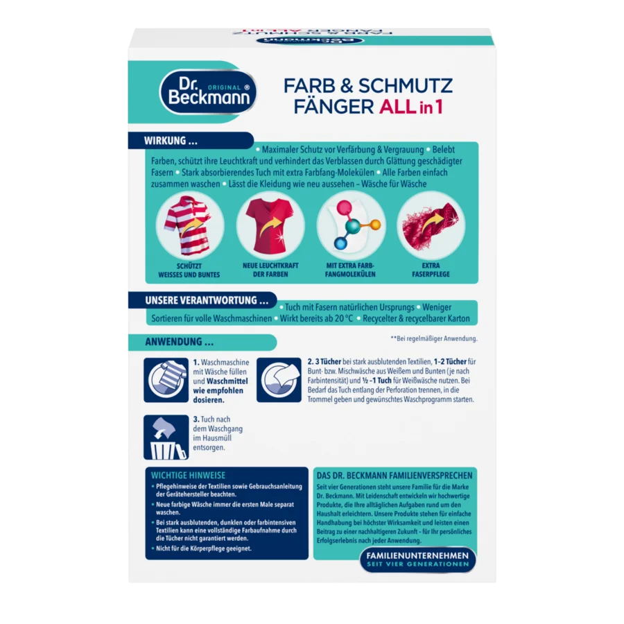 Farb & Schmutz Fänger All in 1 – Weiße rechteckige Schachtel mit türkisen und dunkelblauen Abschnitten mit Text und runden Symbolen für Wäschepflegeanleitung.