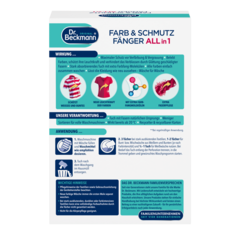 Farb & Schmutz Fänger All in 1 – Weiße rechteckige Schachtel mit türkisen und dunkelblauen Abschnitten mit Text und runden Symbolen für Wäschepflegeanleitung.