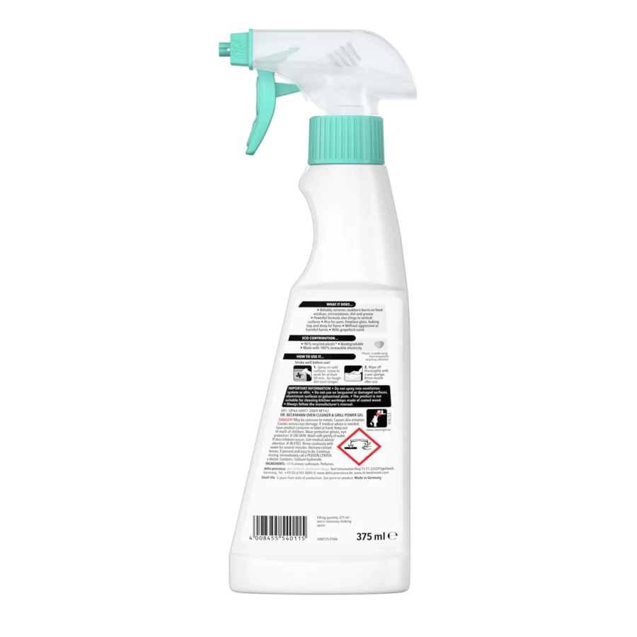 Gel Vệ Sinh Lò Nướng & Vỉ Nướng Chuyên Sâu – Chai xịt trắng với vòi và nắp xanh ngọc, 375ml, nhãn hướng dẫn và mã vạch.