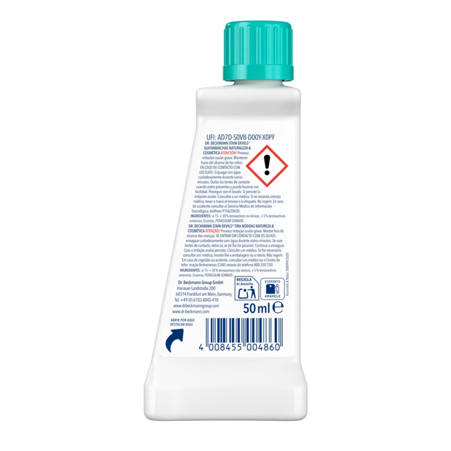 Stain Devils Tira-nódoas Natureza & Cosmética – Frasco plástico branco com tampa turquesa, capacidade 50ml, com etiqueta de aviso e código de barras.