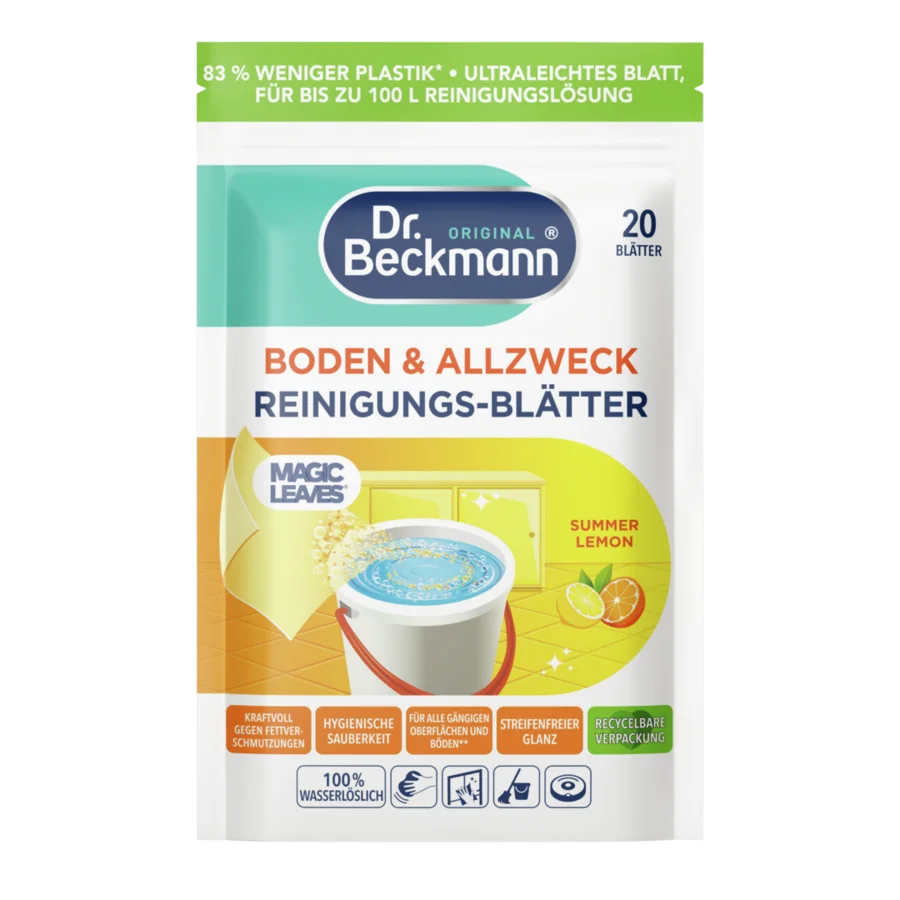 Magic Leaves Večnamensko čistilo v lističih Summer Lemon – Bela vrečka z zelenimi, rumenim in oranžnimi deli s 20 krpi.