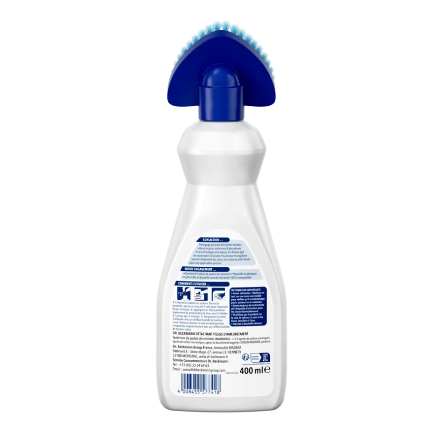 Détachant Tissus d’Ameublement – Flacon pulvérisateur blanc 400ml avec pompe bleue, tête de pulvérisation, étiquette française.