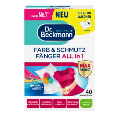 Farb & Schmutz Fänger All in 1 – Weiße Box mit farbenfrohem Design, enthält 40 einzelne Reinigungstücher in Spenderpackung.