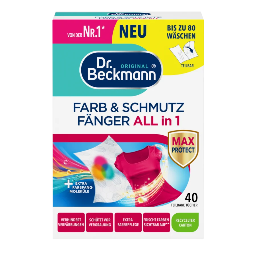 Farb & Schmutz Fänger All in 1 – Weiße Box mit farbenfrohem Design, enthält 40 einzelne Reinigungstücher in Spenderpackung.