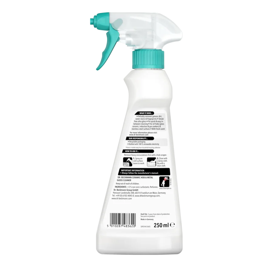 Dung dịch vệ sinh & làm bóng bếp kính, inox – Chai xịt trắng với nút bấm xanh lơ, dung tích 250ml, có nhãn thông tin.